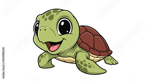 Adorable baby sea turtle with large eyes and a friendly smile is walking forward on a plain white background.