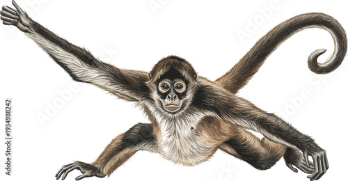 Realistic Spider Monkey Vector Illustration with Extended Arms, Detailed Tropical Wildlife Animal Engraving Style Nature Artwork