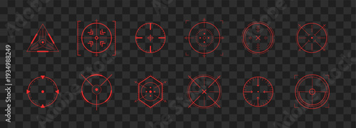Crosshair Hud red. Target lock and aim icons. Shooting games with futuristic focus. Collection of modern digital weapon icons. Military Vector illustration.
