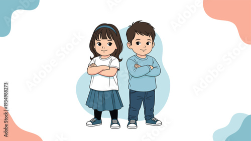 Happy young boy and girl are standing side by side with their arms crossed over a colorful and decorative abstract background.