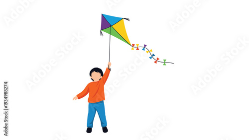 Energetic young boy in an orange shirt is having fun while flying a colorful diamond shaped kite high in the clear blue sky.