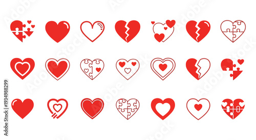 A collection of various red heart vector illustrations showcasing different styles for love and romance design concepts.