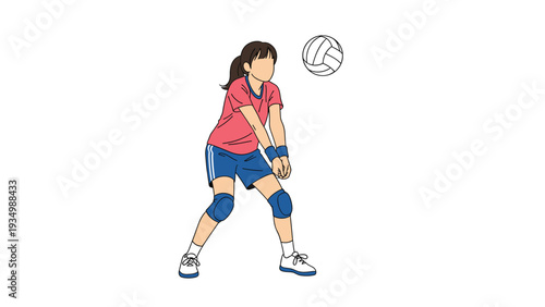 Athletic young girl in a pink shirt and blue shorts is ready to hit a volleyball during a sports game or practice.