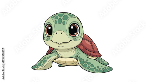 Adorable young sea turtle with big brown eyes and a green shell is smiling while crawling on a plain white background.