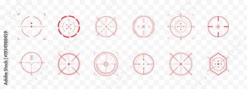 Crosshair Hud red. Precision target and aim icon set. Shooting games or military Hud design. Futuristic tech elements for Sci Fi and combat visuals. Flat Vector illustration.