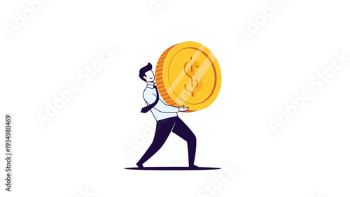 Successful businessman character carrying a huge golden dollar coin as a symbol of profit, wealth, and financial growth.