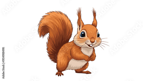 Adorable brown squirrel character standing on two legs with a large bushy tail and a friendly smile on its face.