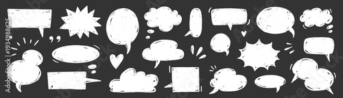 Speech doodle chalk balloon set. Speech doodle hand drawn crayon sketch on chalkboard . Balloon cloud text frame cartoon sticker comic dialog on vintage school blackboard. Vector illustration