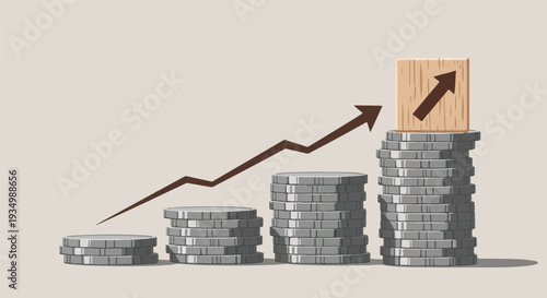Visualizing consistent financial growth with increasing coin stacks and an upward trend arrow, representing investment success and economic progress and the accumulation of wealth over time