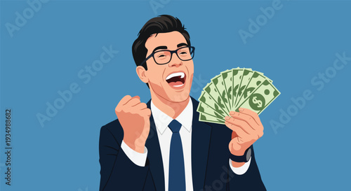 Jubilant businessman triumphantly celebrating a significant financial gain, excitedly showcasing a fan of crisp dollar bills against a clean blue background, symbolizing success and prosperity