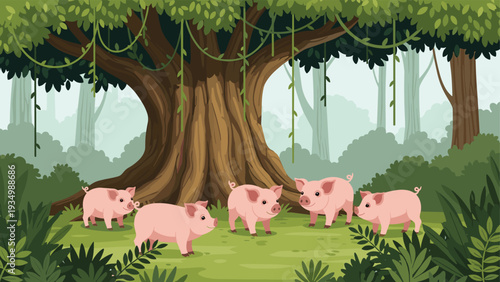 Group of five little pink pigs standing and playing together in a lush green forest clearing under a large tree.