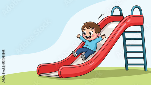 Happy young boy in a blue shirt sliding down a bright red playground slide on a sunny day with green grass.