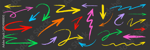 Arrow pencil brush crayon color set. Arrow line hand drawn sketch with chalk marker stroke texture grunge..Fun kid doodle swirl spiral underline check symbol childish cute. Vector illustration.