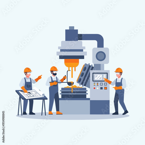 Factory workers operating industrial machinery for metal casting production