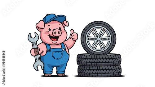 Hardworking pig mechanic wearing a blue cap and overalls holding a wrench next to a stack of car tires.