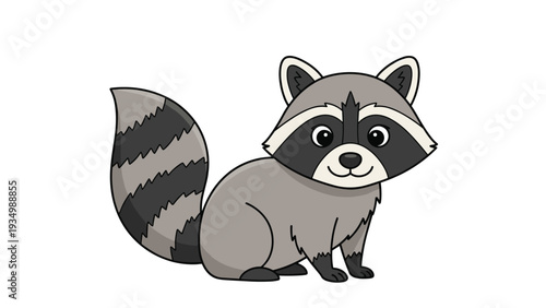 Cute grey and white raccoon character sitting and looking forward with a friendly smile on its face.