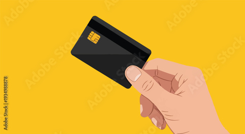 Close-up of a human hand holding a blank black credit card against a vibrant yellow background, symbolizing financial transactions and payment