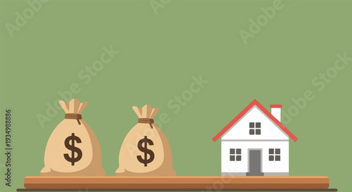 Concept of buying a house with savings and money bags, investment and financial planning for home ownership