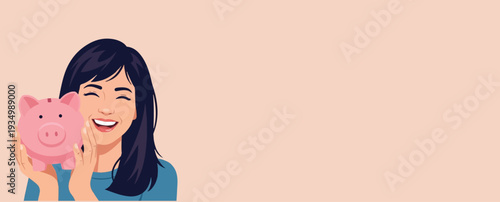 Woman happily holding a pink piggy bank, representing savings, financial planning, and a bright future