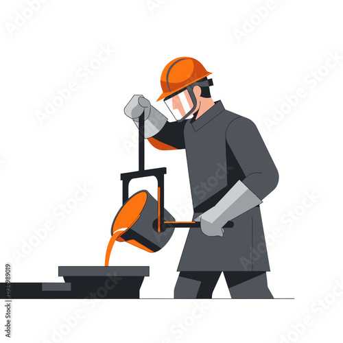 Foundry worker pouring molten metal into mold, safety gear, industrial casting process