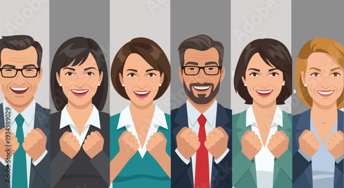 Group of happy business people celebrating success with fists raised in a modern office setting, representing teamwork and achievement