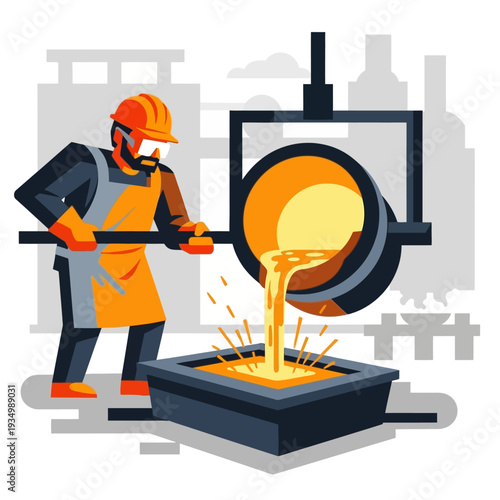 Foundry worker pouring molten metal into mold, industrial casting process, sparks flying