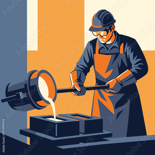 Foundry worker pouring molten metal into molds, industrial casting process