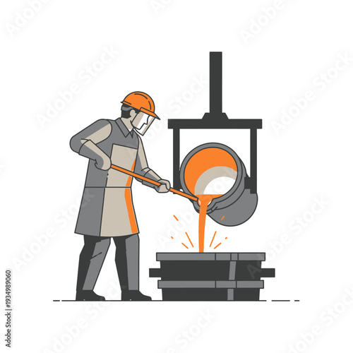 Foundry worker pouring molten metal into molds, industrial casting process