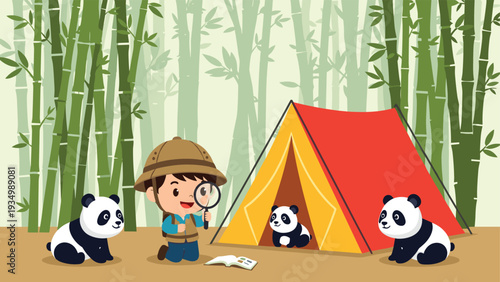 Little boy explorer with a magnifying glass and backpack studying pandas in a green bamboo forest camp.