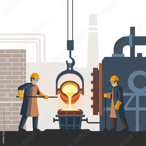 Foundry workers pour molten metal into mold at industrial plant, heavy industry, manufacturing