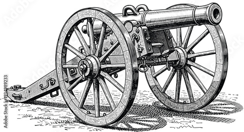 Vintage Military Cannon Vector Illustration with Wooden Wheels, Antique Artillery Engraving Style Historical War Equipment Artwork