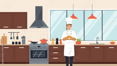 Professional male chef character wearing a white uniform and hat holding a tray of freshly baked bread loaves in a modern kitchen.