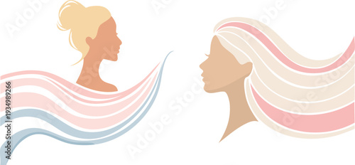Minimalist abstract female silhouettes with flowing lines in peaceful pastel colors