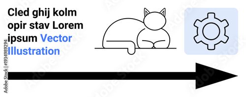 Cat resting near gear icon, bold black arrow pointing right Ideal for workflow, process, minimal design, automation, strategy, navigation, simple landing page