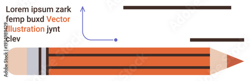 Education, design concepts, technical drawing, learning tools, creative skills, instructional materials. Orange pencil with arrows, text and marks. Education and design concepts illustration
