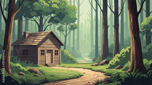 Cozy wooden cabin nestled in a sunlit forest with a winding dirt path, surrounded by tall trees, lush green vegetation, and soft morning light.