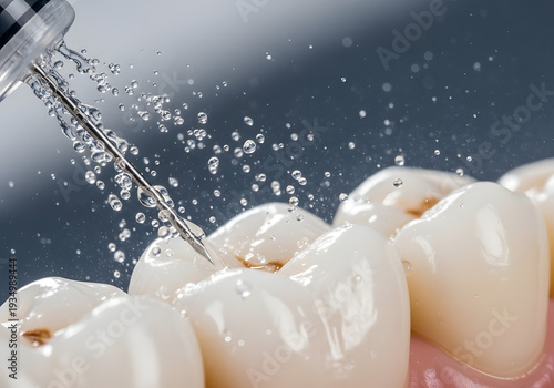 Macro shot of dental air and water spray cleaning teeth, isolated on transparent background, illustrating a precise dental procedure for thorough oral cleansing and hygiene.