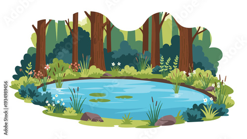 Peaceful forest pond surrounded by dense green trees, tall grass, and colorful wildflowers, with lily pads floating on the clear blue water surface.