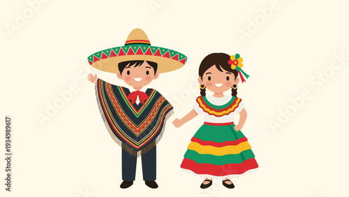 Boy and girl dressed in traditional Mexican attire, including a large sombrero, colorful poncho, and vibrant layered dress, smiling together.