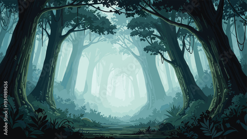 Atmospheric pixel art of a dark and mysterious forest with giant ancient trees and a misty path leading deep into the unknown spooky woods.