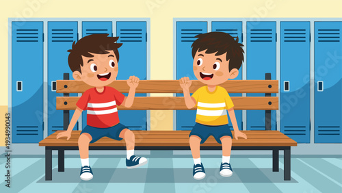 Two young school boys having a friendly conversation while sitting on a wooden bench in a school locker room with blue metal lockers behind.
