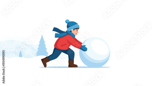 Energetic boy in winter clothing rolling a massive snowball across a snowy field with blue pine trees in the distance under a pale white sky.