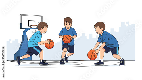 Sequence of a young boy in a blue uniform practicing various basketball skills including dribbling and holding the ball on an outdoor court.