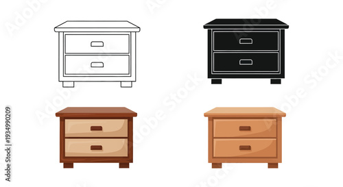 Collection of four distinct vector graphic illustrations featuring two-drawer wooden nightstands or bedside tables
