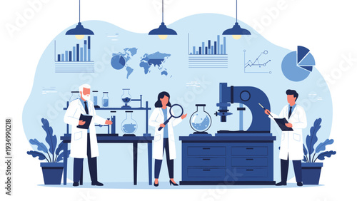 Team of professional scientists in white lab coats conducting research in a modern laboratory with a large microscope and various data charts.