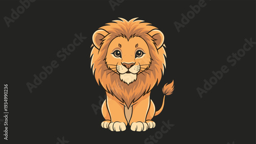 Adorable young lion cub with a fluffy mane and big eyes sitting patiently on a solid dark background, looking directly forward at the camera.