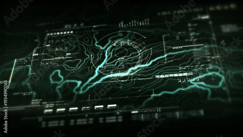 Futuristic holographic topographic environment featuring dynamic geomorphological terrain visualization, integrated into an advanced motion graphic user interface with a head-up display screen