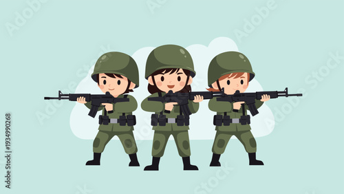 Group of three young soldiers in green camouflage uniforms and helmets holding black rifles, standing together on a light blue ground color.