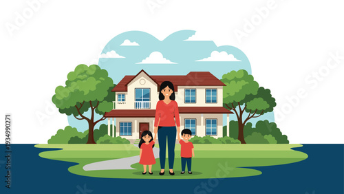 Happy mother standing with her two young children in front of their large two story suburban house with green trees and a clear blue sky.