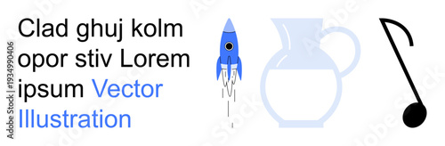 Technology design, beverage utensils, music, education, digital assets, art . A blue rocket, transparent glass pitcher and black music note. Technology design and beverage utensils concept